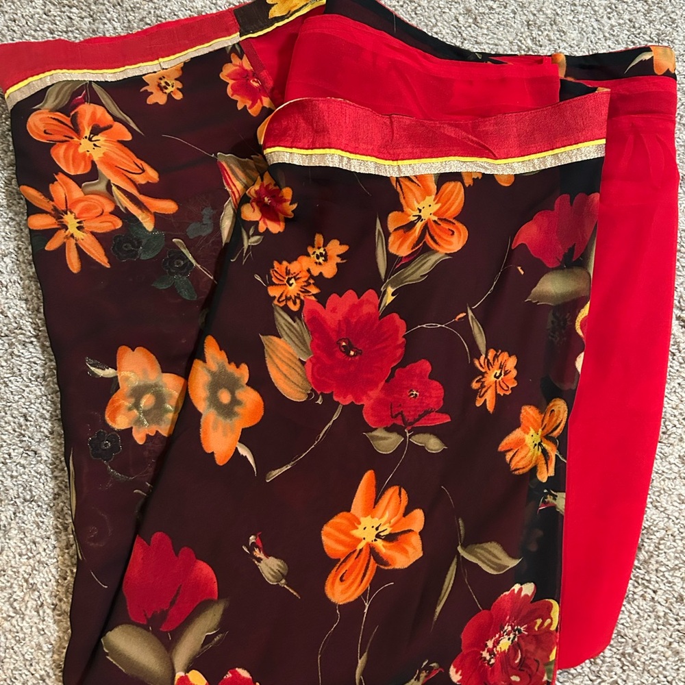 Floral Red and Orange Saree